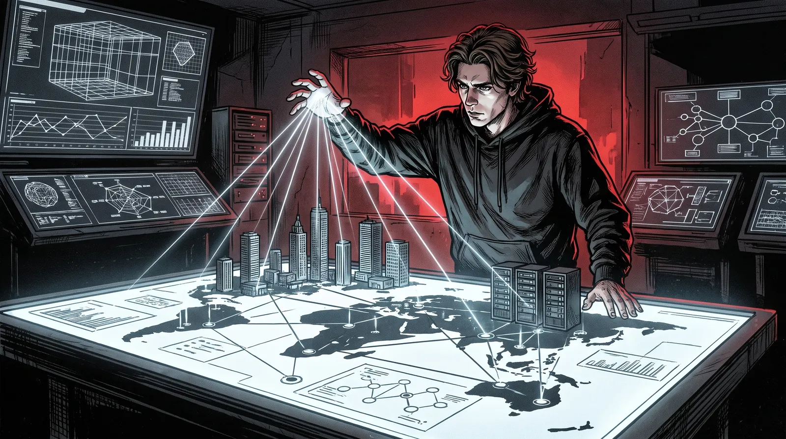 The founder orchestrating a city of businesses from a tactical table