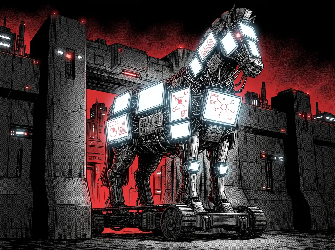 A Trojan horse made of screens entering a city