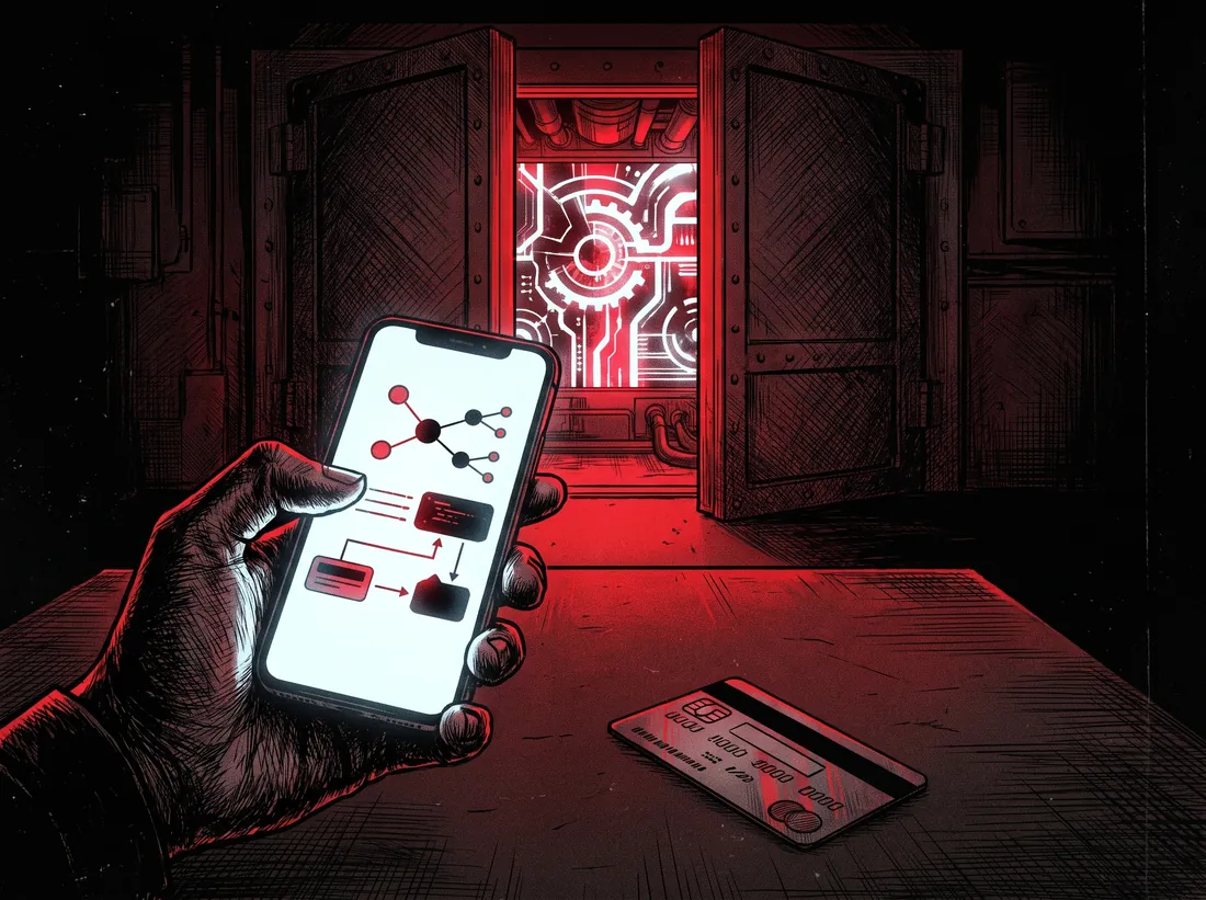 A phone, a card and a finished machine behind opening doors