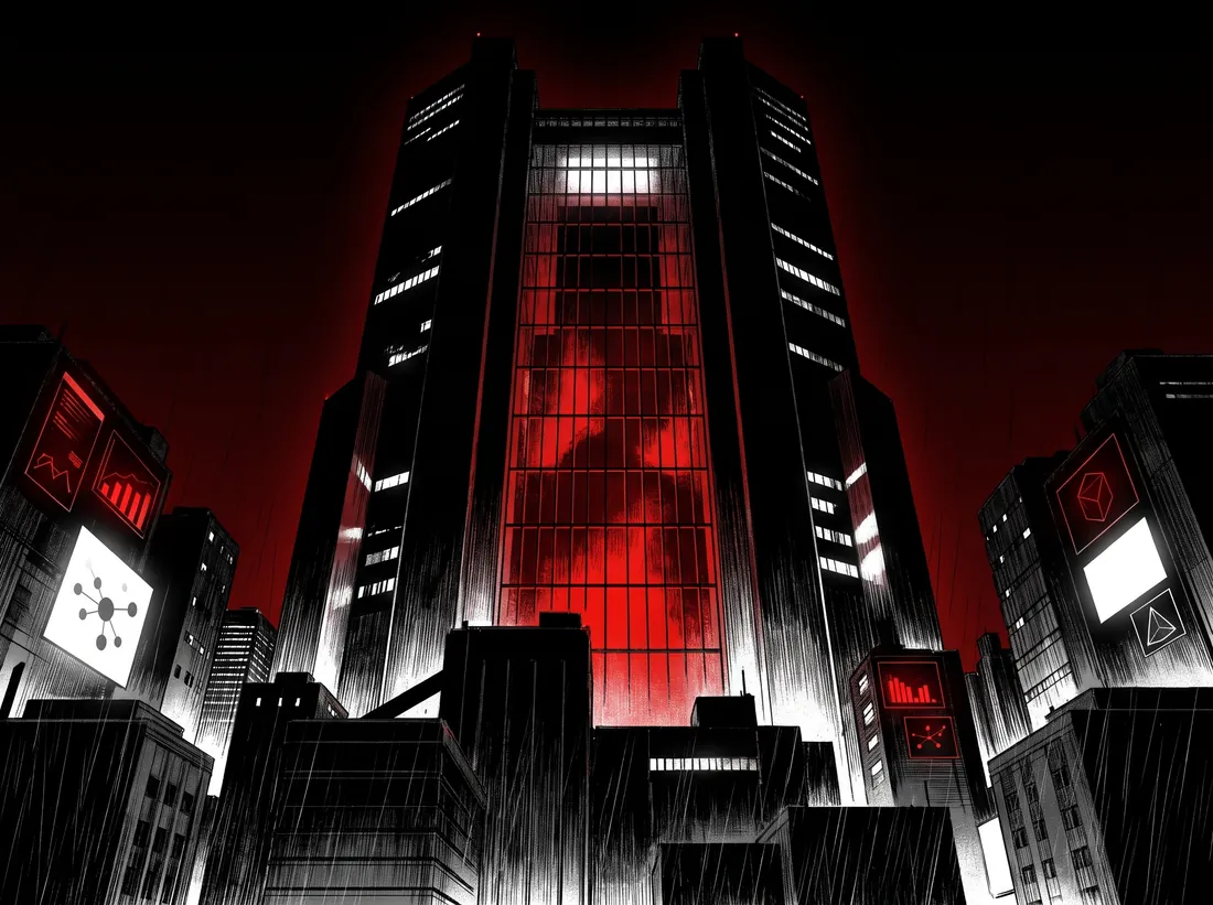 A corporate tower with a glowing core