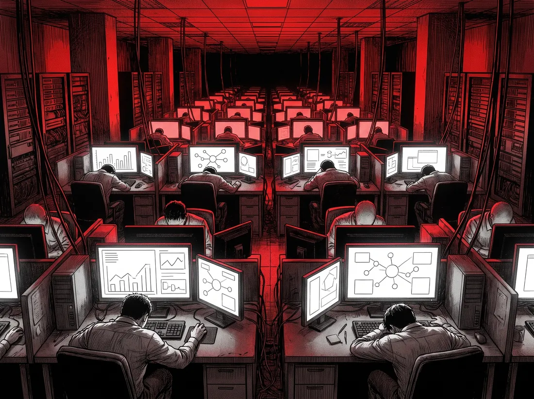 Endless rows of desks and staff