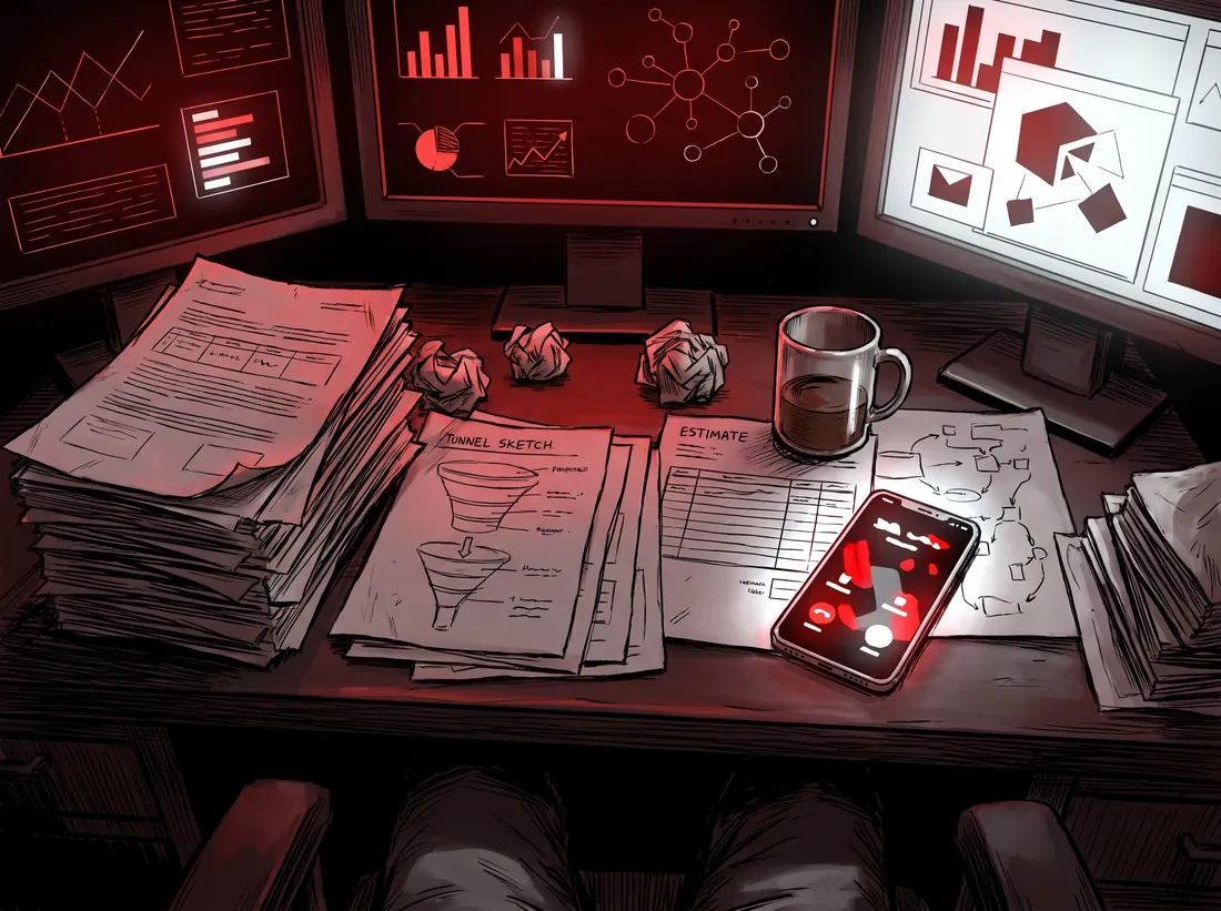 A desk buried in proposals at 3 a.m.
